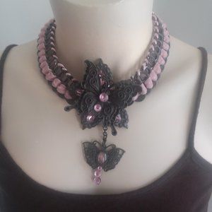 Butterfly pink brown handmade recycled statement necklace OOAK